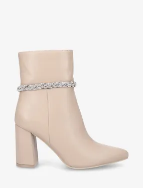 Bottines en simili et tresse strassée - Beige