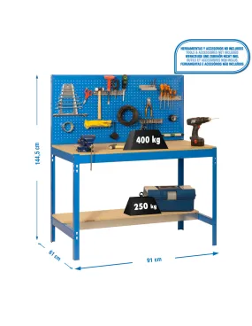 Etagère basse banc de travail SIMONWORK BT2 900 BLEU/BOIS - 1445x910x610 400Kg - SIMONRACK