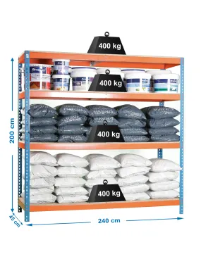 Etagère charge lourde SIMONFORTE 2404-4 CHIPBOARD BLEU/ORANGE/MADER - 2000x2400x450 400Kg - SIMONRACK
