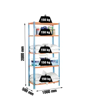 Etagère légère plateau bois sans vis MADERCLICK PLUS 5/500 BLEU/ORANGE/BOIS - 2000x1000x500 150Kg - SIMONRACK